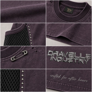 Camiseta sin mangas estilo Y2K, estilo streetwear, color uva empolvada, de algodón lavado, con paneles laterales de malla negra y detalles de pedrería en las costuras. - Product Image 6