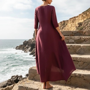 Productos Destacados: Vestido Largo Asimétrico de Lino con Manga 3/4, Estilo Minimalista, Línea A, Tallas Grandes - Product Image 2