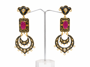 Wholesale Royal Blue Meenakari Chandbali <b>Earrings</b> Carved <b>Red</b> Stone Rectangle <b>Drop</b> <b>Earrings</b> Indian Polki Kundan Jewelry - Product Image 1