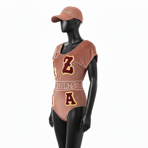 Traje de Baño de Una Pieza Premium para Mujer, Mezcla de Algodón Suave y Elástico, Color Marrón, Panel Deportivo con Aplique de Logotipo Personalizado - Product Image 4
