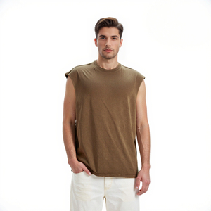 New Custom Logo <b>Distressed</b> Relaxed Fit Vest 280G Heavyweight Washed Vintage Tank <b>Top</b> 100% Cotton Raw Cut Edges Men's Tank <b>Top</b> - Product Image 1