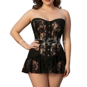 Mini-robe corset gothique noire sans bretelles en dentelle et résille, avec baleines en acier - Product Image 3