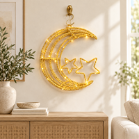 Décoration de fenêtre pour Ramadan et l'Aïd : petite lune croissante à double couche avec étoiles jumelles et crochet en métal, fonctionnant sur piles LED
