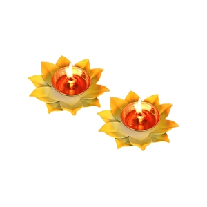 Handcrafted Metal Lotus Flower Oil Diya <b>Set</b> Of 2 Traditional Deepavali Puja Lamp Festive Wedding Party Floating Tealight Holder - Product Image 1
