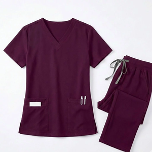 Ensemble de blouses et pantalons pour femmes en coton et polyester tissé, col en V, uniformes d'hôpital avec poches - Product Image 2