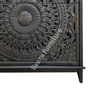 Commode de luxe artisanale en bois massif à 3 tiroirs, avec sculpture mandala lotus ornée, finition noir anthracite - Product Image 5