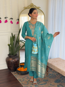 Best Women's Viscose Chanderi solid Straight Teal Blue <b>Kurti</b> with Pant And Naylon Jacquard Printed Dupatta Sets - Product Image 6