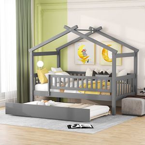 Letto a casetta in legno per bambini, doppia piazza, con letto estraibile grigio - Set completo - Product Image 1
