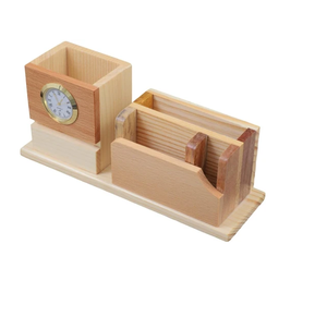 Support à stylos en bois naturel avec horloge pour l'organisation du bureau, support à stylos promotionnel personnalisé avec horloge - Product Image 3