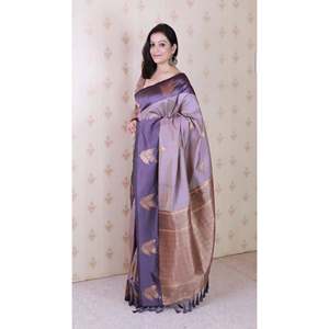 Sari de Seda Suave Color Lavanda con Diseño Floral y Bordado Zari, Vestidos Elegantes para Club - Product Image 2