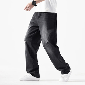 Quality Heavyweight Men Baggy Casual Denim Custom Logo Black Loose Straight Jeans Simple Washed <b>Pants</b> - Product Image 1