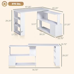 360 Degree Rotating White L-Shaped <b>Corner</b> Computer <b>Desk</b> Home Office Workstation with Storage Shelves for Writing & Work - Product Image 3