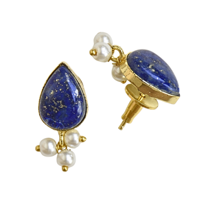 Water Drop Shape Lapis Lazuli <b>Stud</b> <b>Earrings</b> Imitation Pearls 18K Gold Plated Trendy Brass Bezel Setting Women's Party Jewelry - Product Image 4