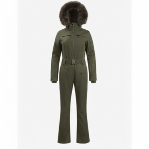 Women One Piece Ski Suit Waterproof 10,000mm Windproof Winter Snowboard Jumpsuit with Fur Hood Polyester Left Sleeve Custom Logo - Product Image 1