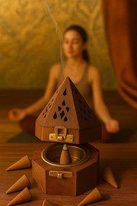 Brûleur d'encens en bois artisanal en forme de pyramide Loban Dan avec loquet en laiton |   Porte-encens et brûleur de dhoop pour la méditation et la décoration intérieure - Product Image 4