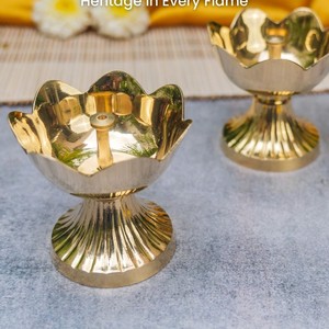 Traditional Brass Diya <b>Set</b> with Ornate Back Design Multi Wick Oil Lamp Stand for Puja Temple Decoration and Festive Lighting Use - Product Image 6
