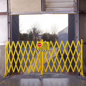 Barrière de sécurité extensible robuste de 5 m, thermolaquée, pliable et portable, pour la gestion du trafic, allées et entrepôts, avec double base - Product Image 1