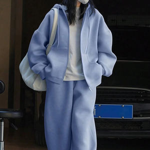 Custom Women's <b>Zip</b> Up Hoodie and Wide Leg Pants Tracksuit Premium Fleece Lounge Set OEM ODM Private Label Apparel - Product Image 1