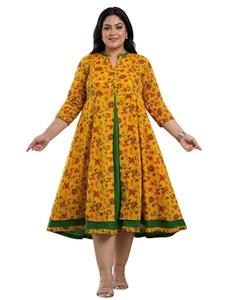 Conjuntos de Algodón Elástico con Estampado Floral para Mujer, Talla Grande, Vestido Anarkali de Maternidad, Mangas 3/4, Cuello Mandarín, Color Mostaza, Corte Acampanado - Product Image 1