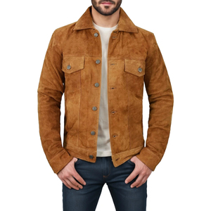 <b>Men's</b> Brown <b>Suede</b> Leather <b>Jacket</b> Casual Winter Wear Stand Collar Regular Fit Single Breasted Zipper Closure - Product Image 3