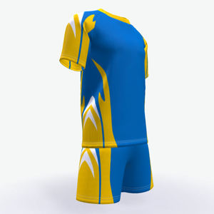 Ensemble de tenue de sport bleu et jaune personnalisé imprimé par sublimation pour adultes, été, séchage rapide, unisexe, short et t-shirt - Product Image 6