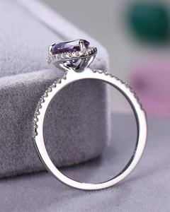 Bague de fiançailles en agate mousse en forme de poire, argent sterling, halo en or blanc 14 carats, demi-éternité, bague de mariée - Product Image 5