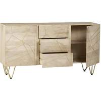 Buffet moderne en bois clair avec incrustations, console de rangement à 3 tiroirs et pieds métalliques
