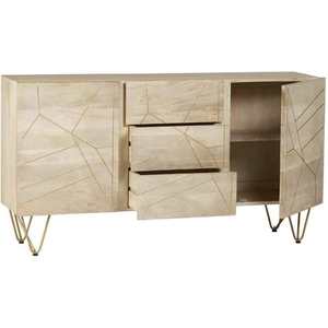Buffet moderne en bois clair avec incrustations, console de rangement à 3 tiroirs et pieds métalliques - Product Image 3