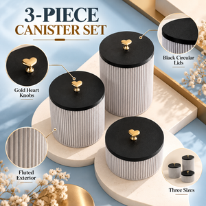 Ensemble de pots en céramique cannelés avec couvercles en bois noir et boutons en forme de cœur dorés, pots de rangement de cuisine, trois tailles, organisateur de comptoir |   Élégant - Product Image 5
