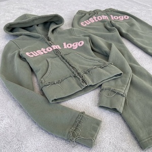 Custom Logo Winter Distressed Full Zip Pullover <b>Towel</b> Embroidery Tracksuit 2 Pieces Cozy Cropped Hoodie Sweatpants Set Women - Product Image 2