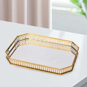 Round <b>Mirrored</b> Storage Tray with Gold Plated Bow Design Modern Luxury Decorative Organizer <b>Vanity</b> <b>Table</b> Centerpiece Home Decor - Product Image 4