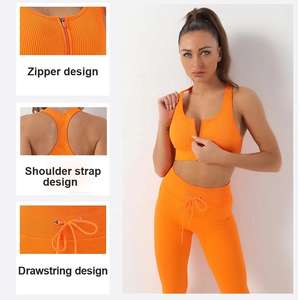Conjunto Deportivo de Cuatro Piezas para Mujer, Color Naranja, Bra Deportivo Elástico, Top Corto, Top de Manga Larga con Cierre y Pantalones Cortos Ajustados - Product Image 2