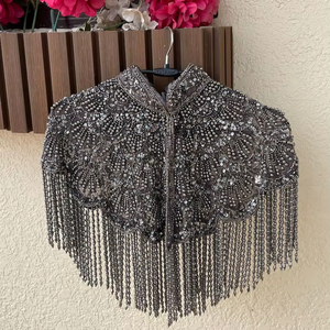 Luxury Gold Hand Embroidered Beaded Fringe Cape Blouse Designer <b>Sequin</b> Tassel Shoulder Collar <b>Top</b> for Wedding & Stage Wear - Product Image 1
