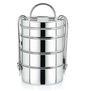 Boîte à lunch ronde en acier inoxydable à 4 étages, conteneur de stockage alimentaire portable avec poignée pour le bureau et l'école - Product Image 1