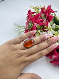 Lusterelics Natural Carnelian Brass 925 Silver Plated Bezel Floral Trendy <b>Boho</b> Style Unisex Wedding Engagement Gift Fashion <b>Ring</b> - Product Image 3
