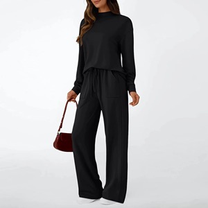 Ensemble tricoté 2 pièces pour femme, col rond, pull à manches longues, pantalon large, noir uni, décontracté, coupe ample, toutes saisons, usage quotidien - Product Image 3