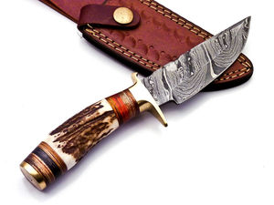 Cuchillo de caza de supervivencia de acero de Damasco con mango de asta de ciervo, espiga recta, 8.5 pulgadas, multifunción para exteriores - Product Image 4