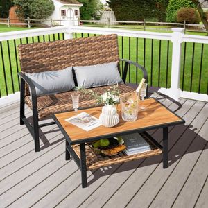 2-Piece Patio Rattan <b>Garden</b> Set Quick Dry Cushion <b>Coffee</b> <b>Table</b> with Shelf - Product Image 5