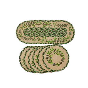 Ensemble de sets de table en jute naturelle tressée faits à la main, imprimé botanique vert, chemin de table ovale, sets de table ronds, vente en gros - Product Image 4