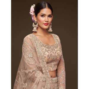 Stunning Royal Beige Embroidered Soft <b>Net</b> Lehenga Choli With <b>Dupatta</b> - Product Image 4
