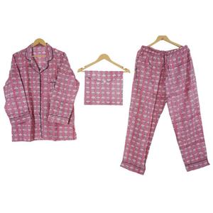 Conjunto de Pijama Ligero de Verano para Mujer, 100% Algodón, Estampado Floral, Mangas Largas, Cierre de Botones, Pantalones de Cintura Alta - Lujo - Product Image 1