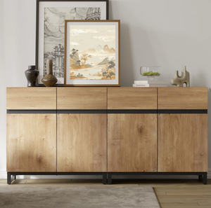 ตู้ไซด์บอร์ดไม้มะม่วงสไตล์โมเดิร์นวินเทจอินดัสเทรียล พร้อมบานประตูเหล็กสองบาน สำหรับใช้ในห้องครัวหรือห้องรับประทานอาหารที่บ้าน - Product Image 1