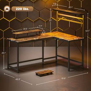 61.6\" Rustic Brown L-Shaped <b>PC</b> Desk with LED Lights Power Outlets Monitor <b>Stand</b> CPU Shelf for Gaming - Product Image 3