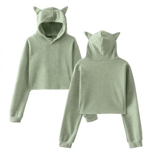 Custom Women's Cropped <b>Hoodie</b> Long Sleeve Drop Shoulder Sweatshirt <b>with</b> <b>Cat</b> <b>Ears</b> Streetwear Hoodies OEM Manufacturer ODM - Product Image 2
