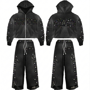Custom Sun Fade Rhinestone Screen Print Embroidery Patch Tracksuit Streetwear Style Trendy Unisex Oversized Hoodie Set NEW 2026 - Product Image 1