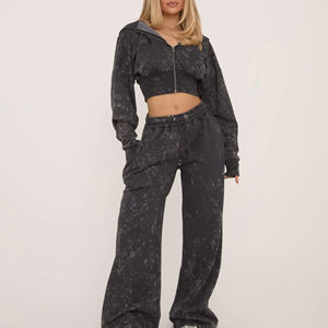 ชุดเซ็ตเสื้อครอปฮู้ดดี้ผ้าฝ้ายแบบสั่งทำพิเศษ กางเกงวอร์มขายาวทรงวินเทจฟอกสีสไตล์สตรีทแฟชั่น - Product Image 1