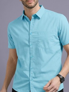 Men's Light Blue Short Sleeve Cotton Poplin Casual <b>Shirt</b> Turn-down Collar Solid Color Breathable Summer Wear - Product Image 2