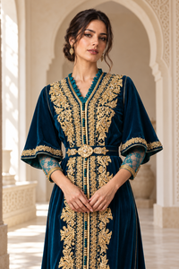 Luxury Deep <b>Teal</b> Velvet Moroccan Caftan with Gold Floral Embroidery and Belt for Women <b>Wedding</b> Dinner Gala Traditional Arab Wear - Product Image 4