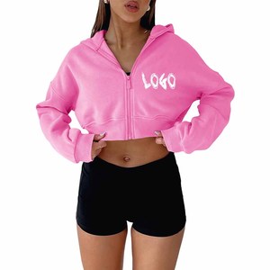 <b>Women's</b> Pink Short Cropped Hoodie <b>Zip</b>-<b>Up</b> Sweatshirt with Logo Front Knitted Winter Wear - Product Image 4
