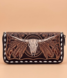 Embossed Leather <b>Wallet</b> Zipper Checkbook Holder <b>Long</b> <b>Wallet</b> Tribal Pattern for Women - Product Image 1